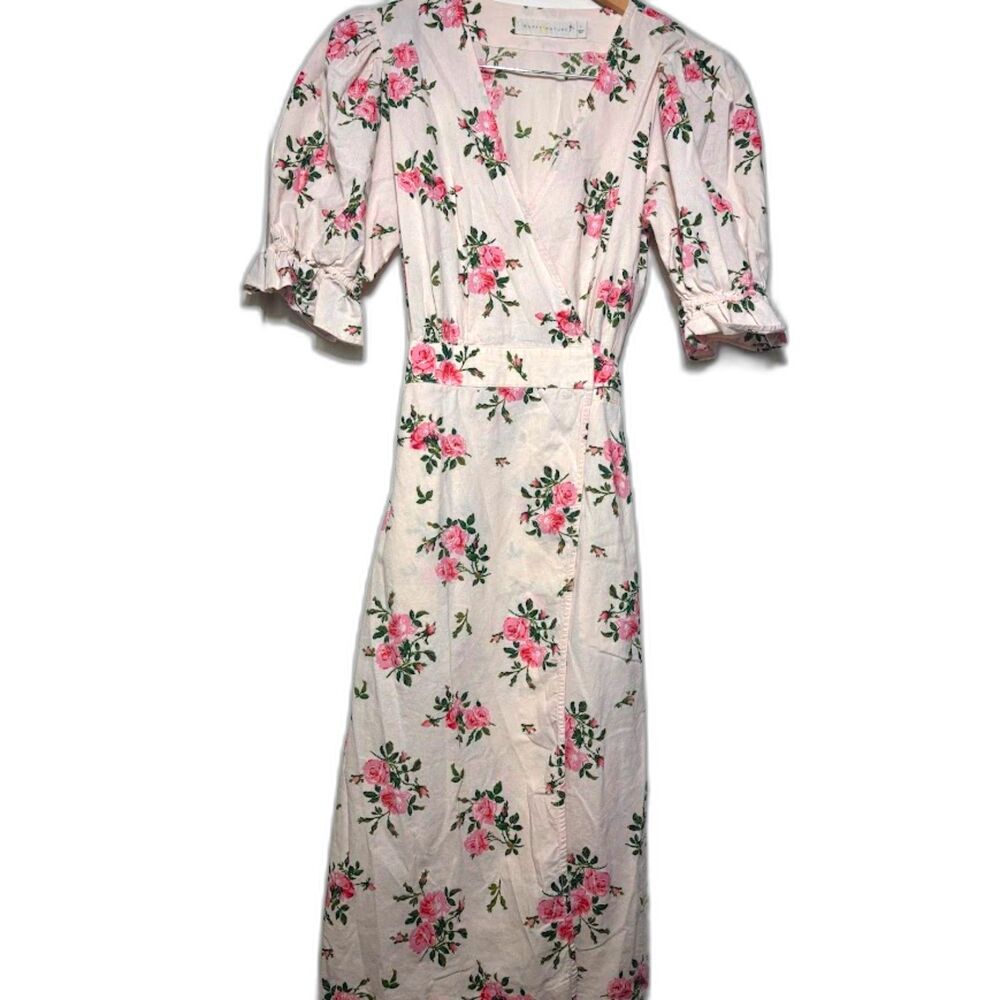 Happy X Nature Kate Hudson floral wrap midi dress sz L cottagecore milkmaid pink